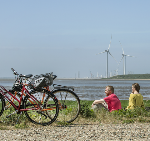 Cyklister der holder pause og nyder udsigten ind over Esbjerg. 